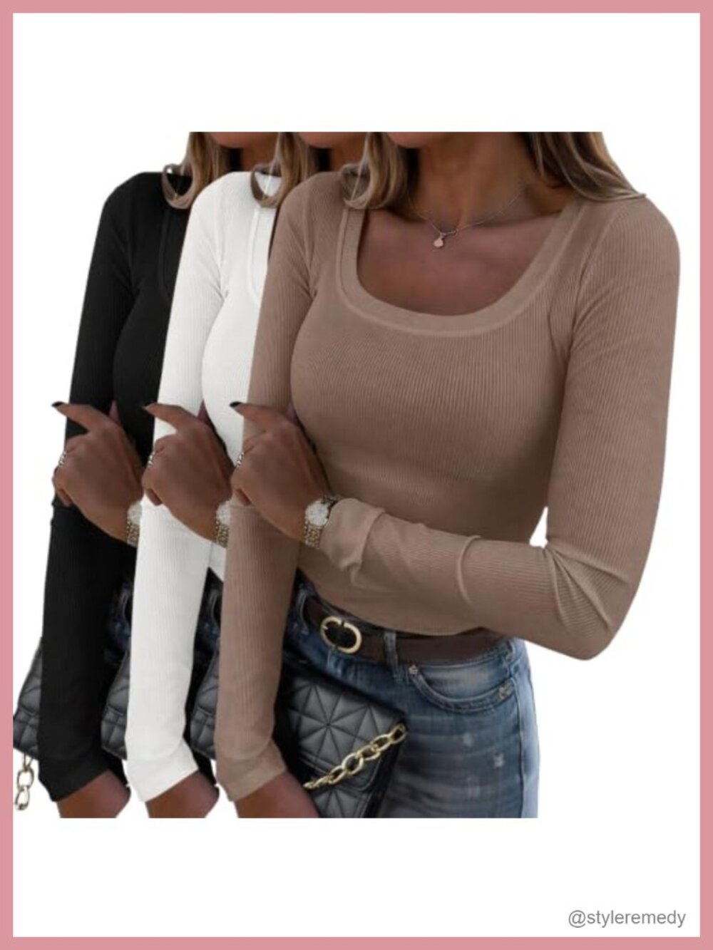 Rib Knit Long Sleeve Scoop Neck Slim Fit T-Shirt